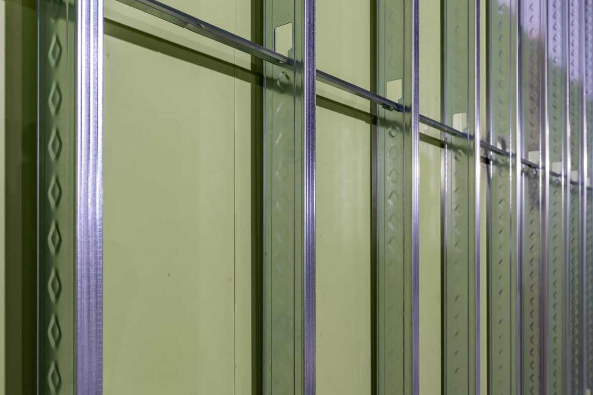 Metal stud partition framing under construction, Hertfordshire.